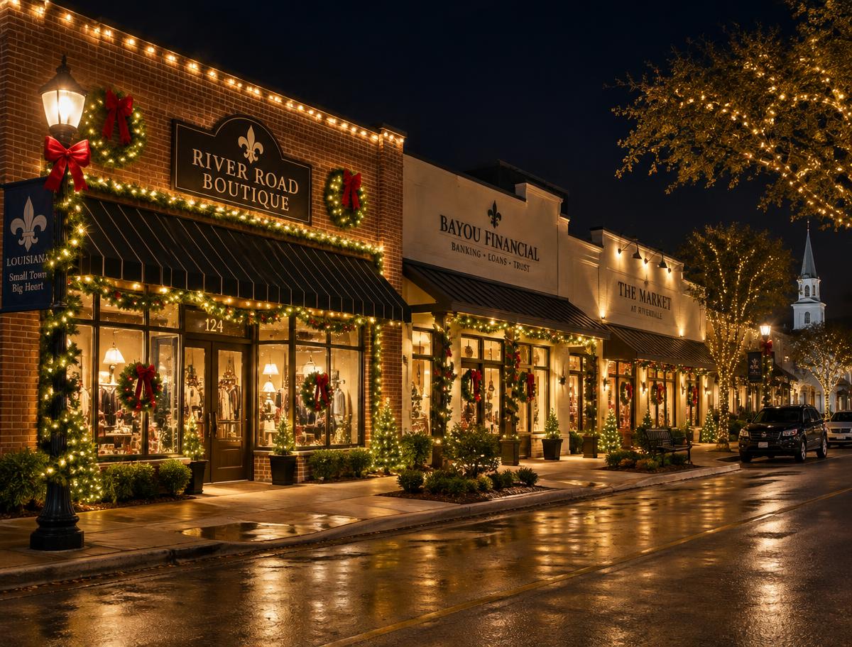 Commercial Christmas light installation on a Louisiana storefront