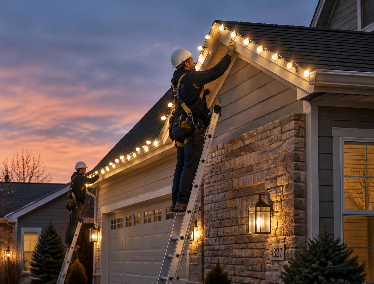 Chalmette Christmas Lights installers clipping C9 bulbs to a roofline at dusk