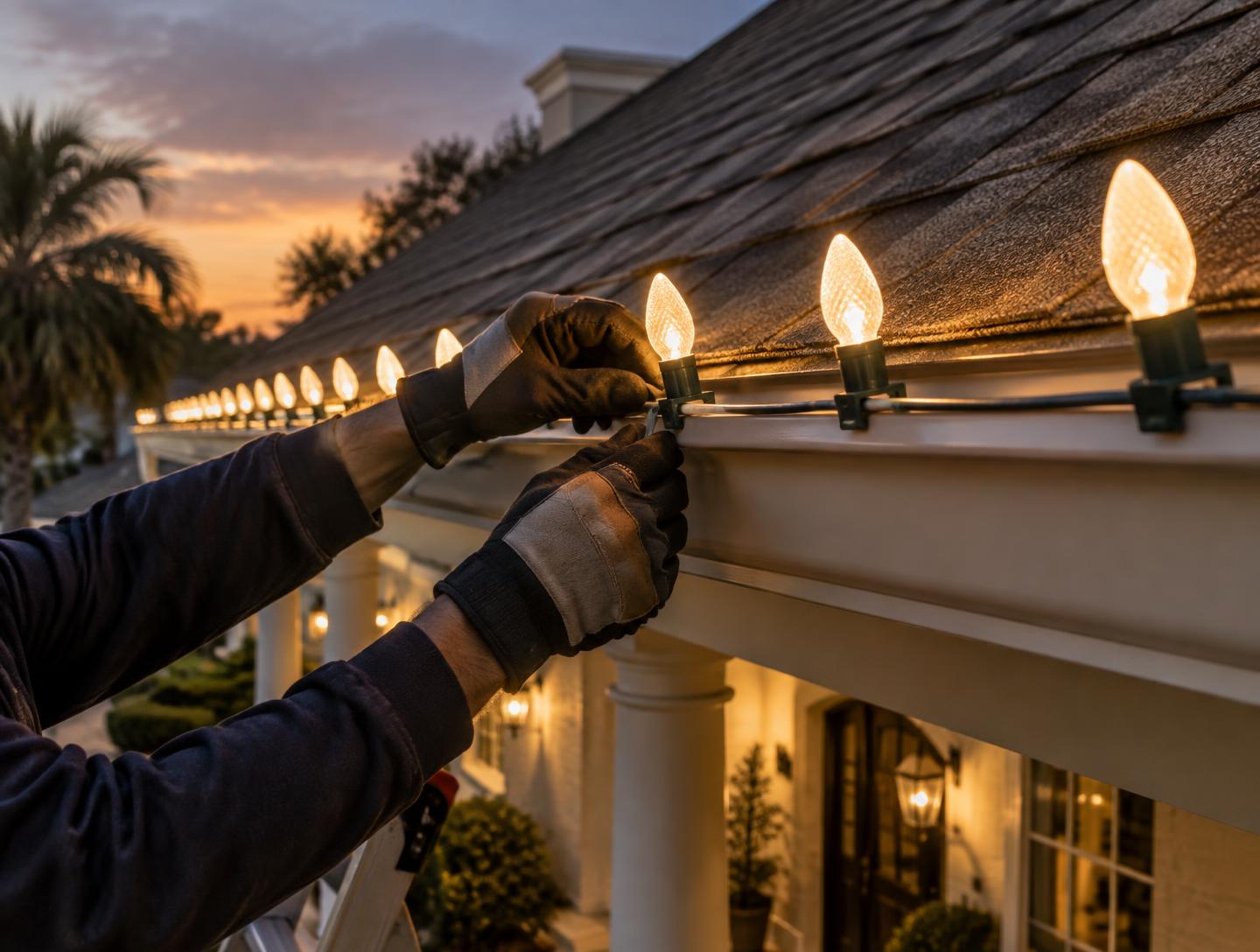 Installer securing commercial-grade C9 Christmas lights to a roof edge