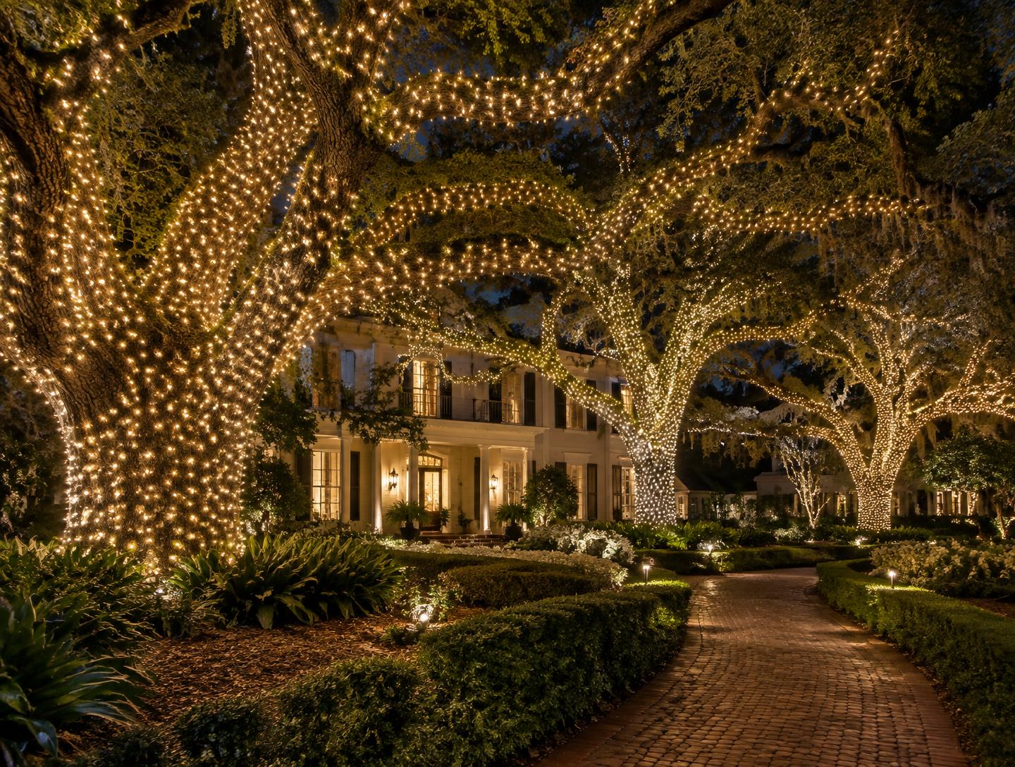 Mature Louisiana live oaks wrapped in warm white Christmas lights