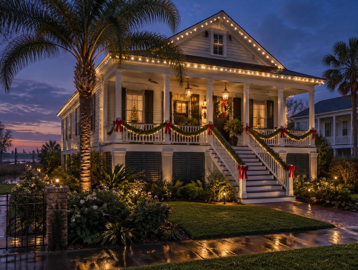 Warm white Christmas lights and garland on a raised Louisiana cottage porch