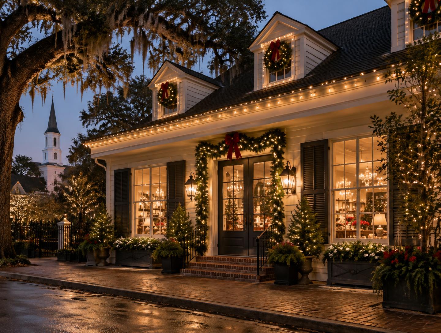 Louisiana storefront decorated with professional Christmas lights and wreaths